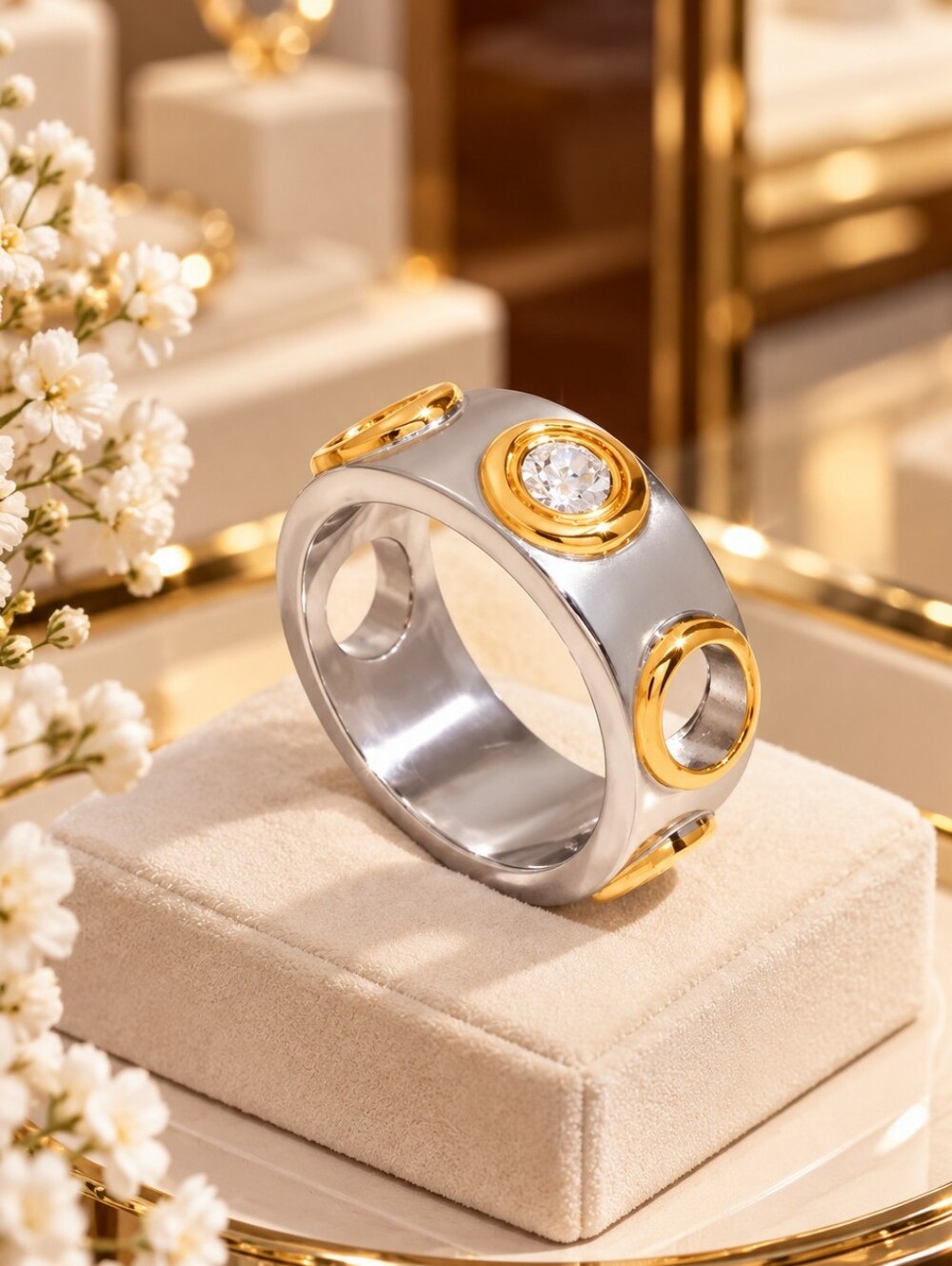 Silver Band Ring with Gold Bezel and Clear Crystal